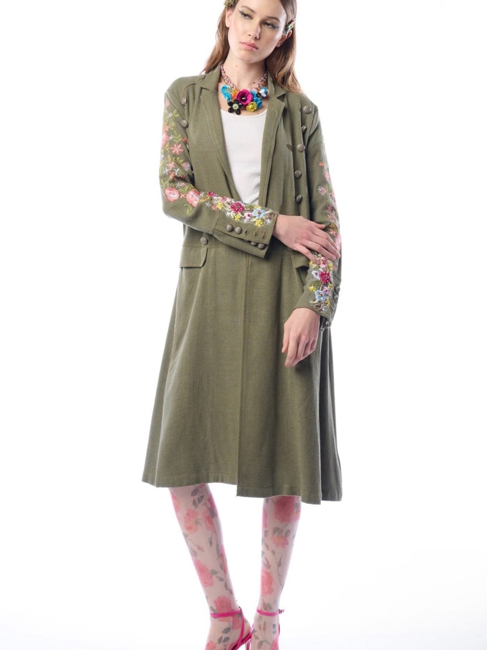 Aratta Fall Embroidered Olive Green Military Style Long Coat Jacket Aritzia